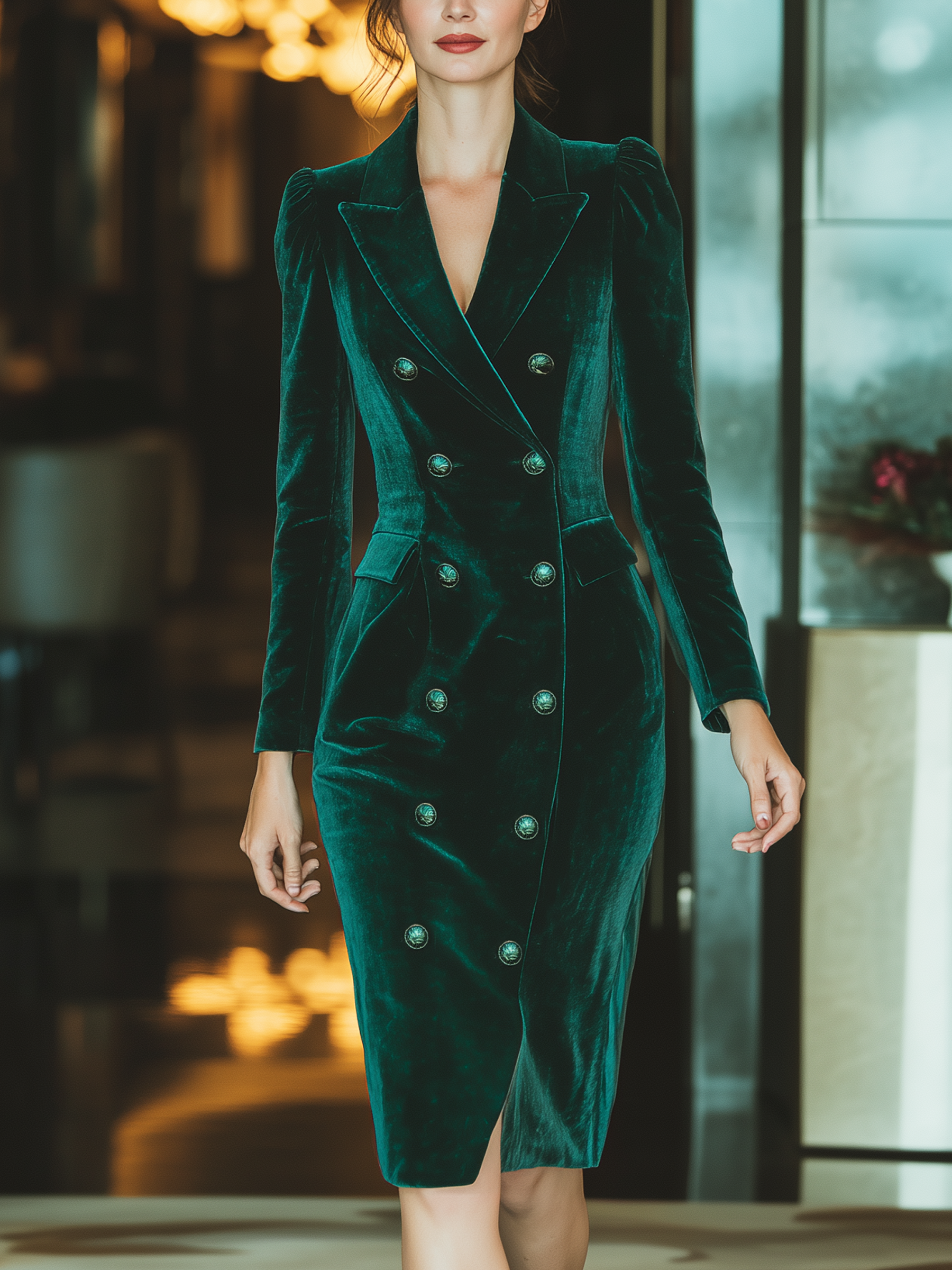 Luxurious Forest Green Velvet Double-Breasted Suit-Style Midi Dress