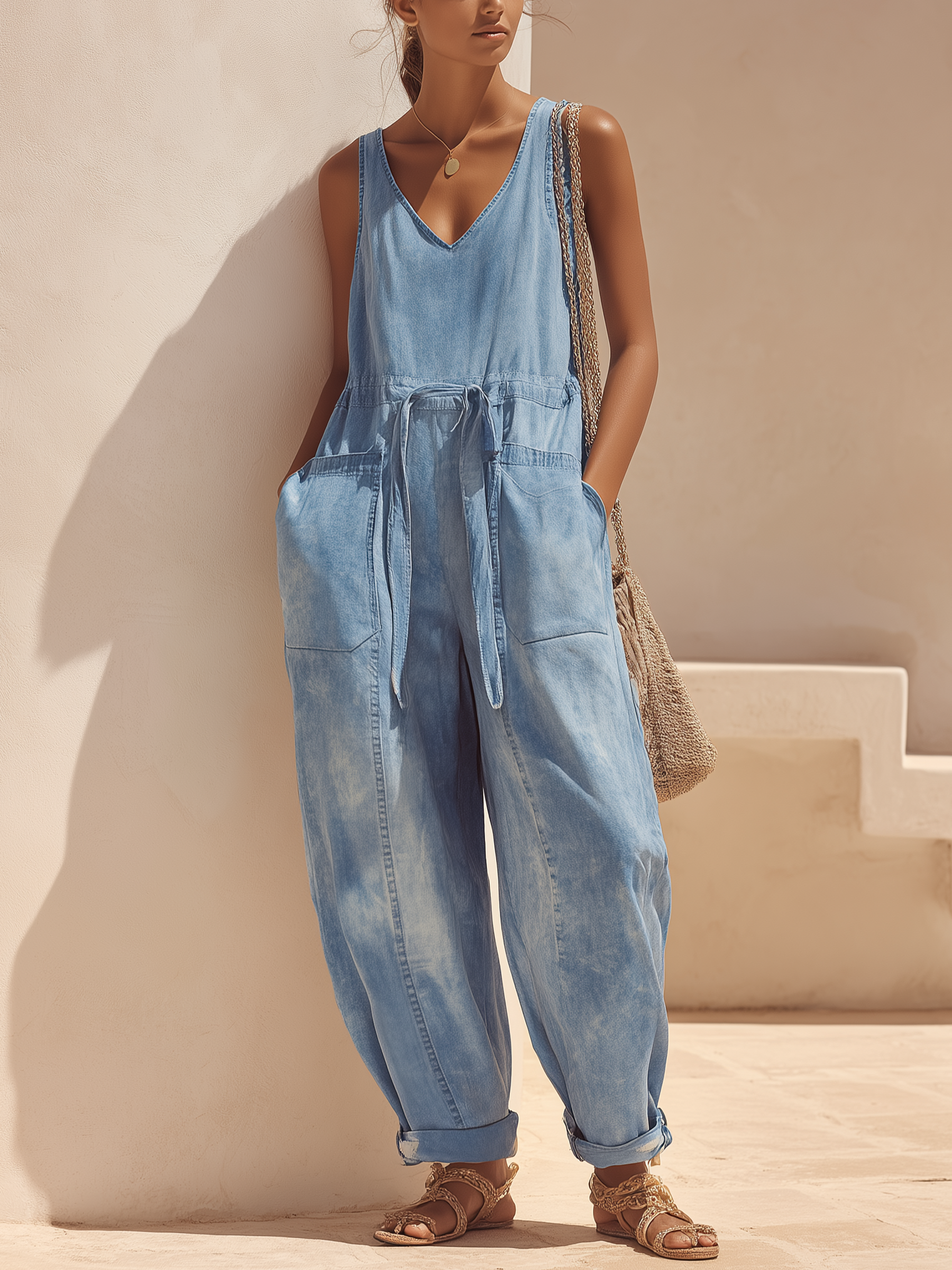 Acid Wash V-Neck Sleeveless Denim Jumpsuit