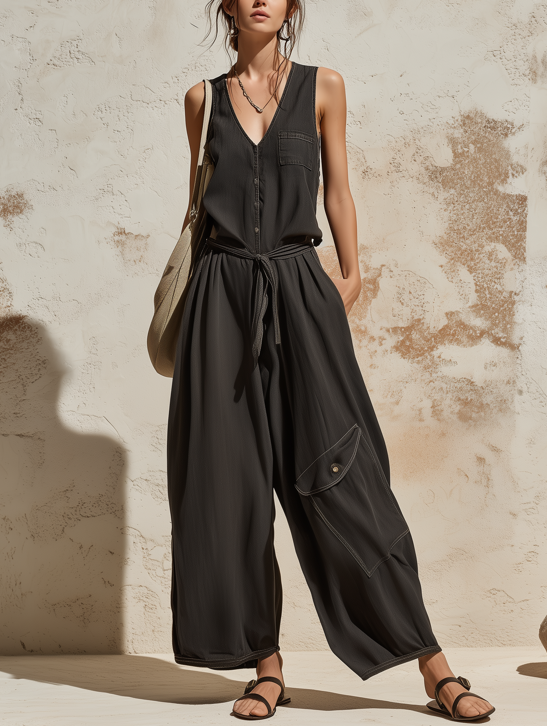 Sleeveless V-Neck Utility Jumpsuit