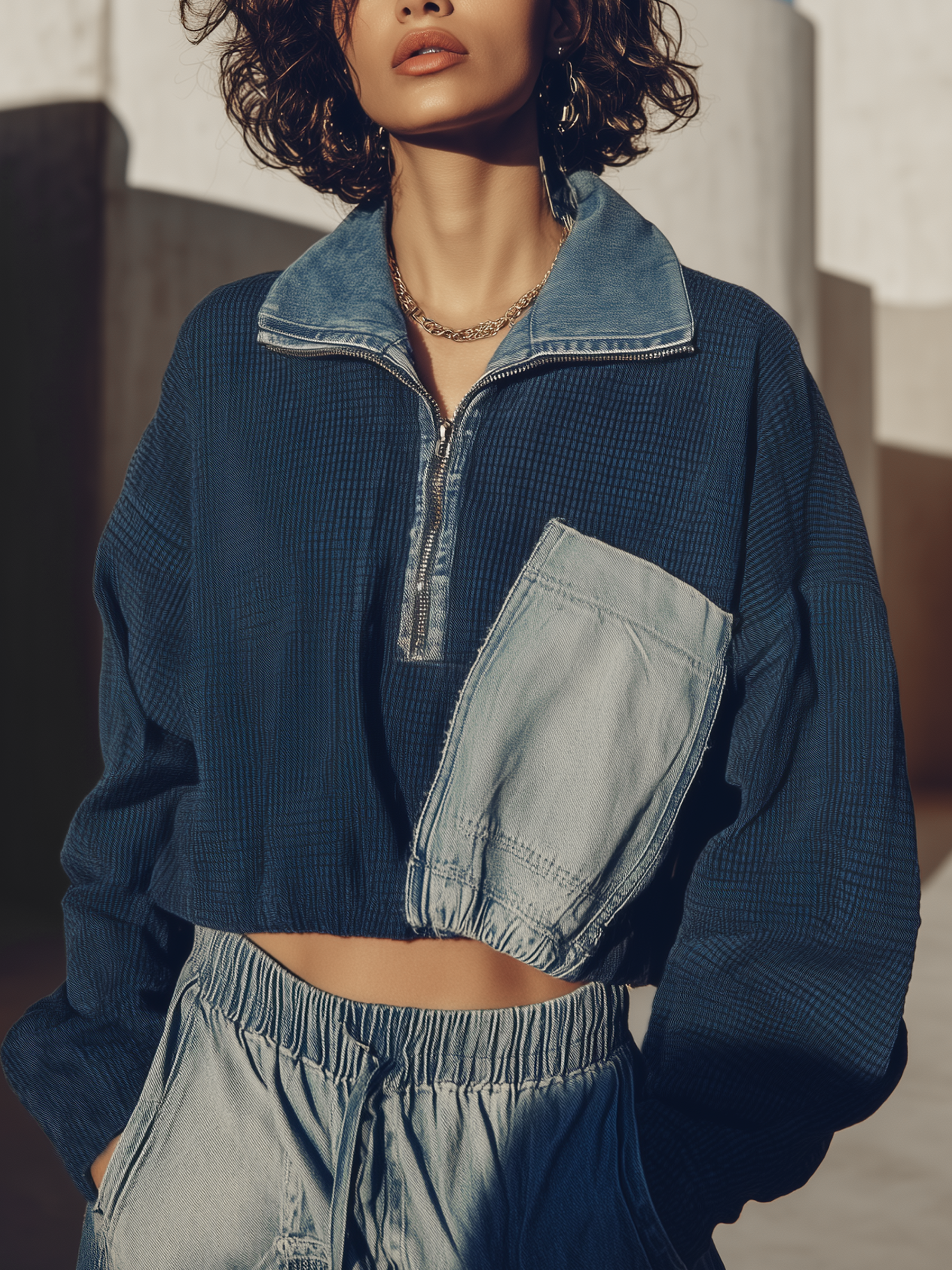 Waffle-Knit & Denim Contrast Half-Zip Cropped Top