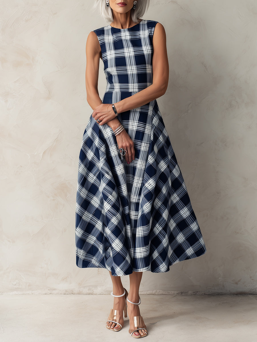 Elegant Plaid Sleeveless A-line Midi Dress
