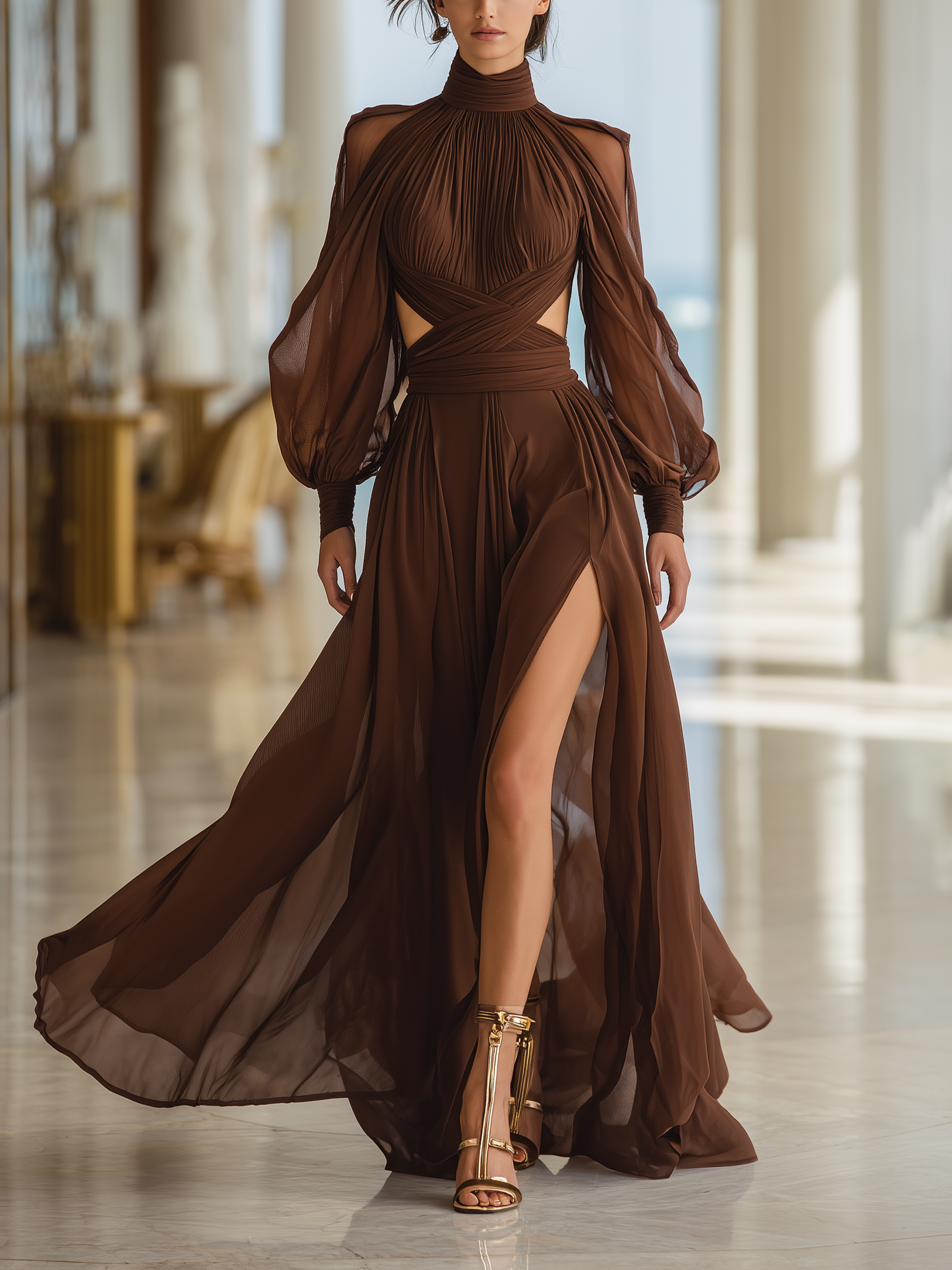 Chocolate Brown Cutout Turtleneck Chiffon Maxi Dress With Lining