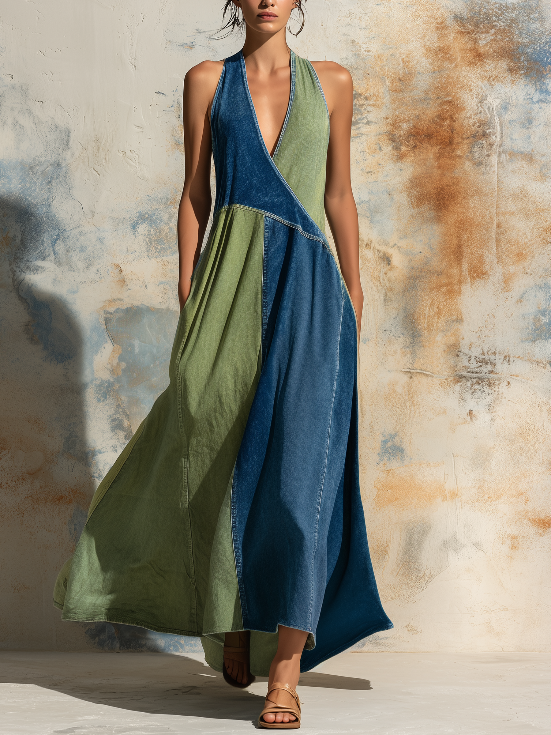 Colorblock Halter Denim Maxi Dress