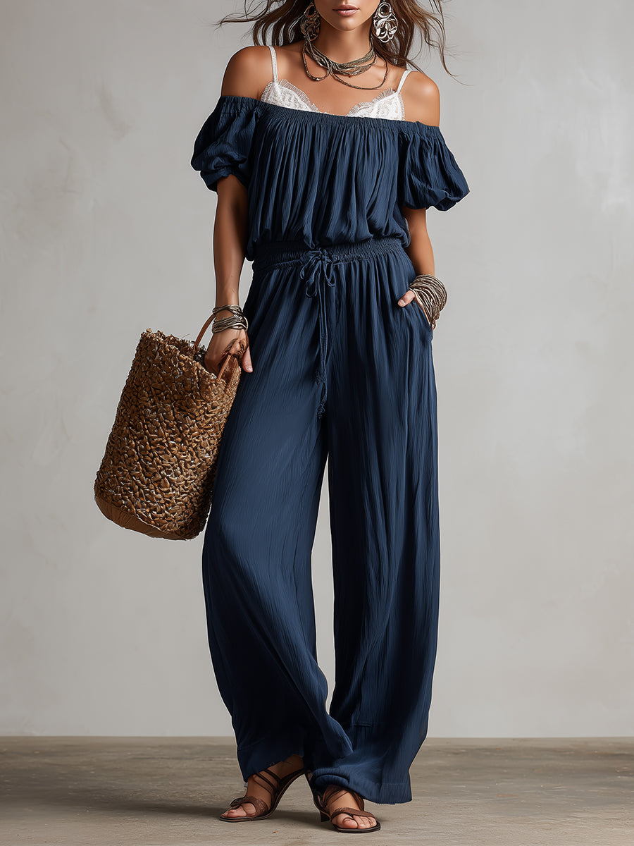 Retro Off-the-shoulder Straight-leg Jumpsuit