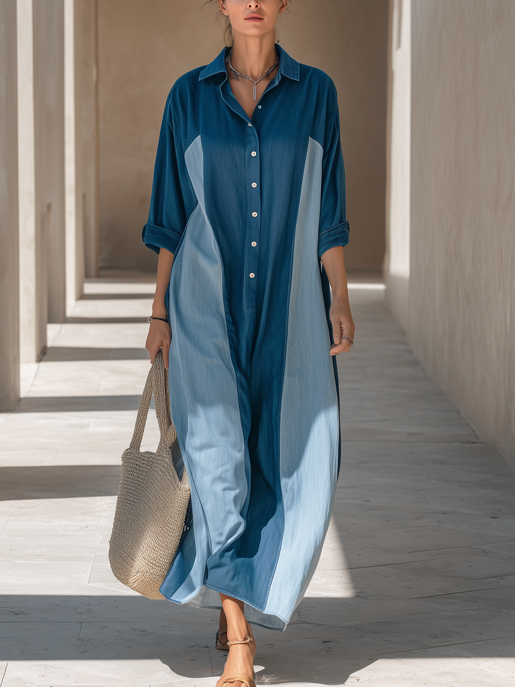 Two-Tone Tencel Denim Shirt Maxi Dress