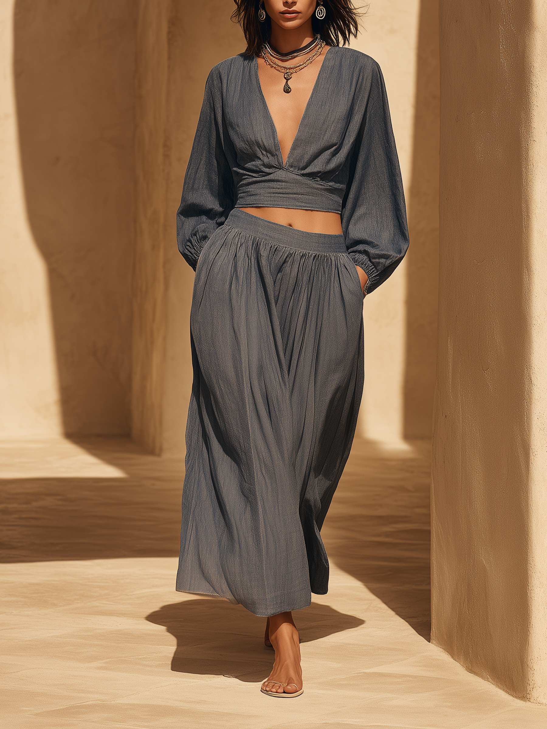 Wrap Crop Top & Maxi Skirt Denim Set