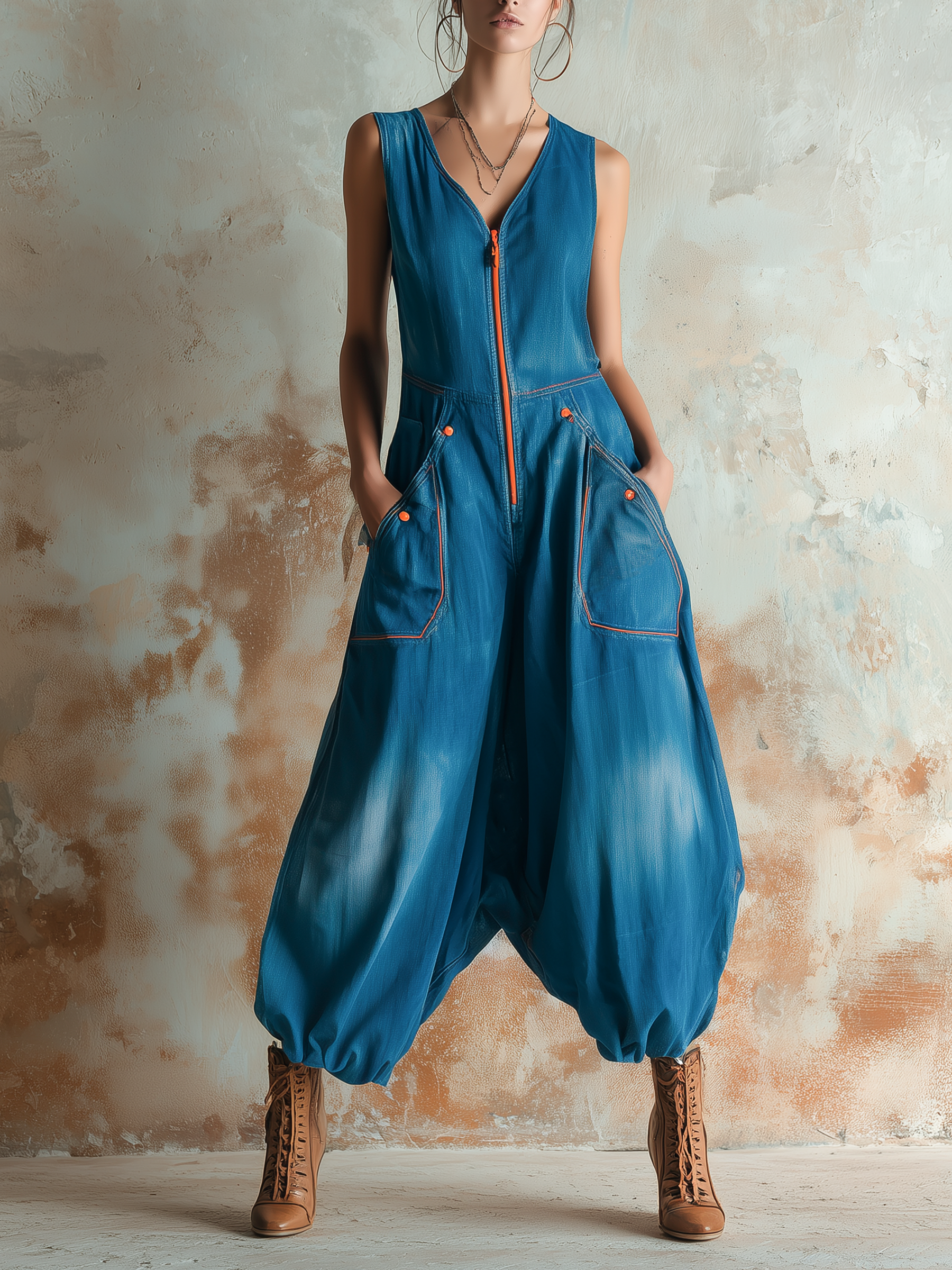 Contrast Stitch Harem Denim Jumpsuit
