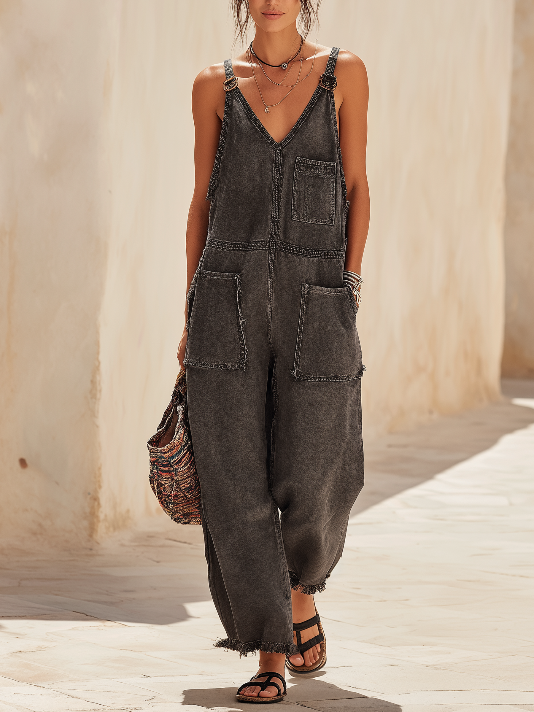 Vintage Wash Frayed Pocket Denim Overalls