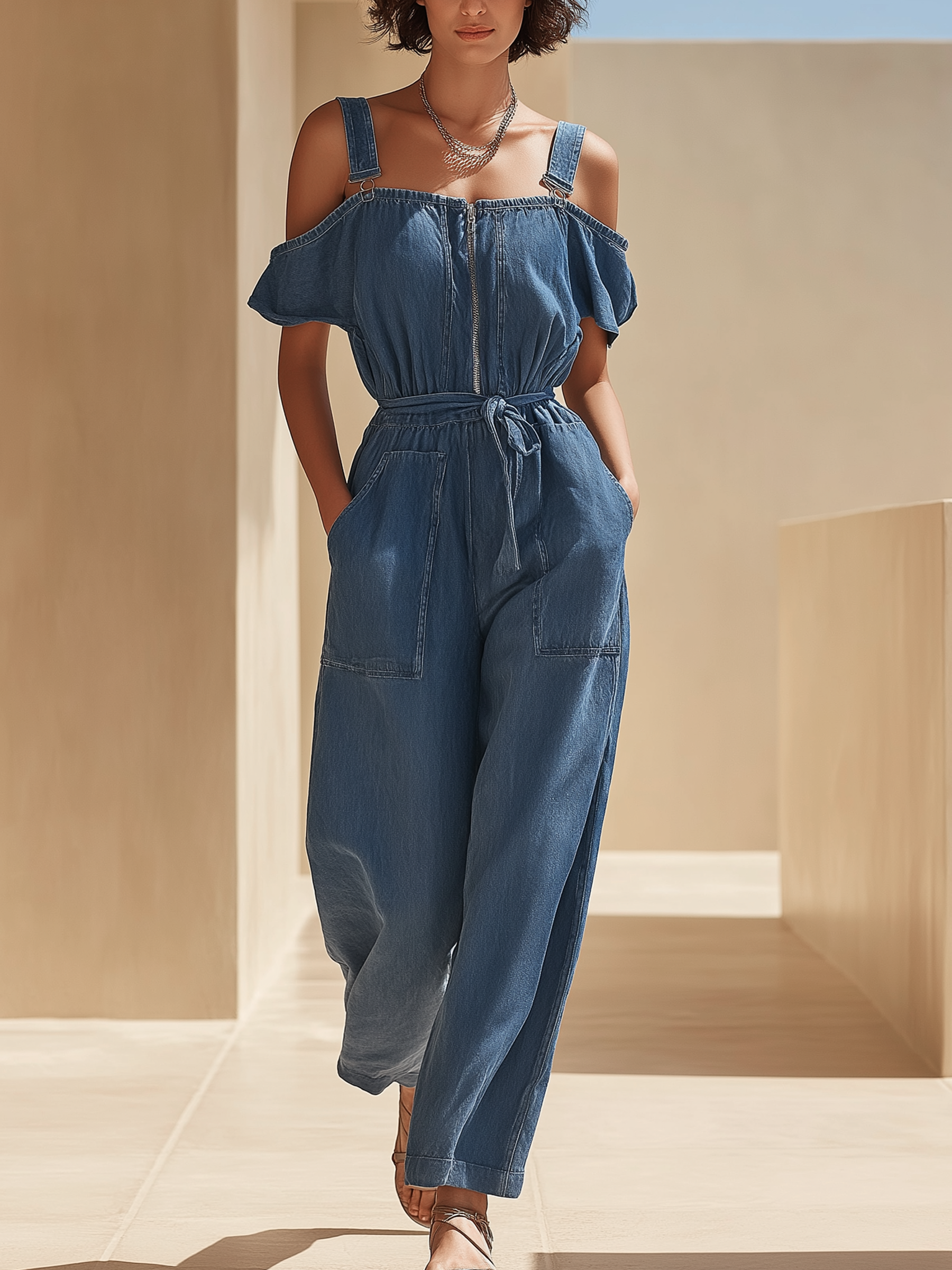 Light Blue Denim Cold-Shoulder Jumpsuit