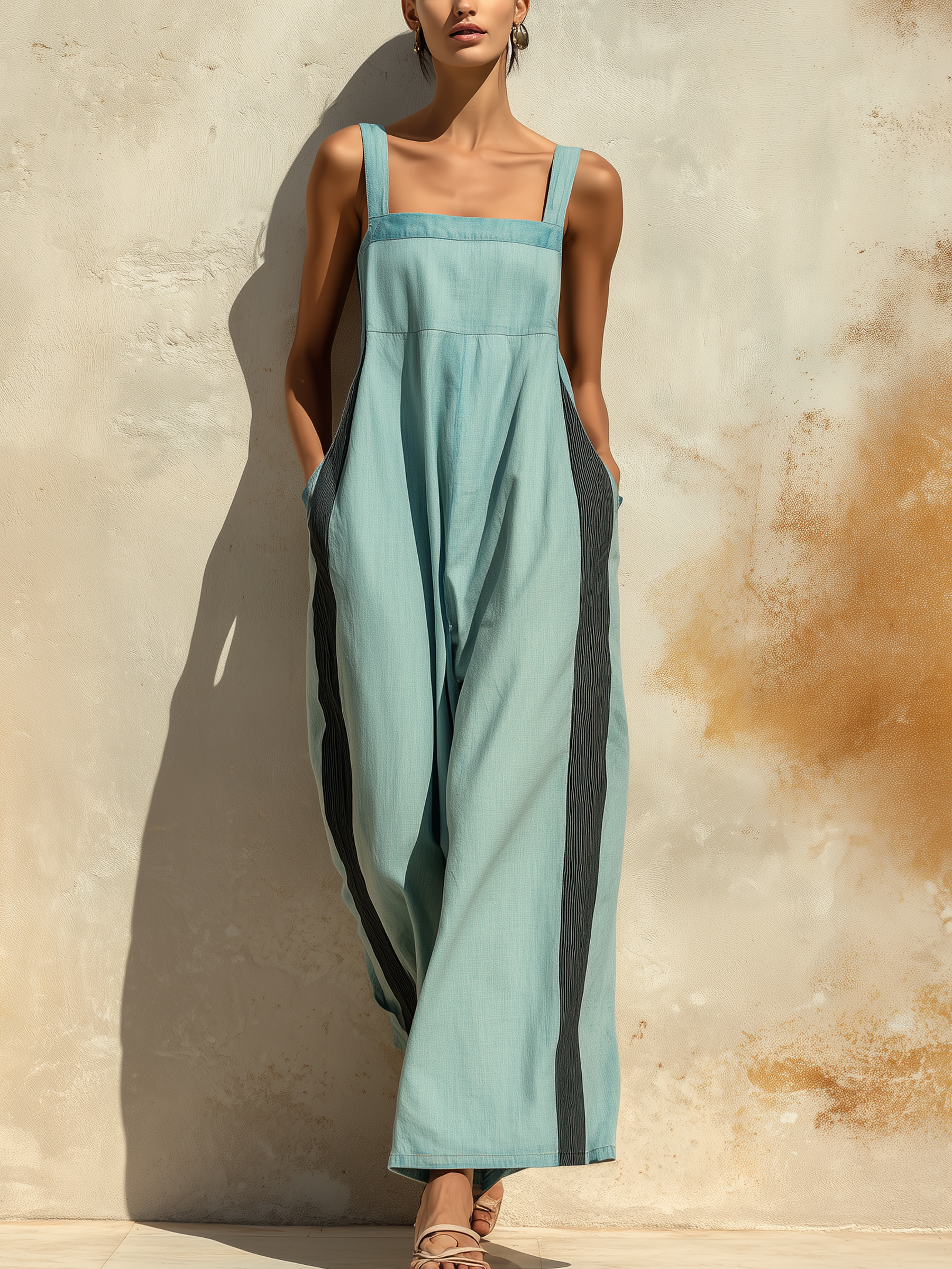 Tencel Denim Contrast Stripe Wide-Leg Jumpsuit