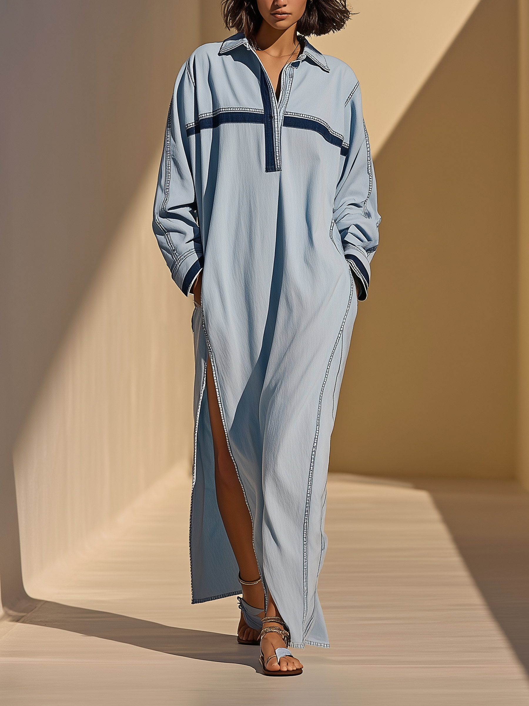 Contrast Panel Oversized Denim Maxi Shirt Dress