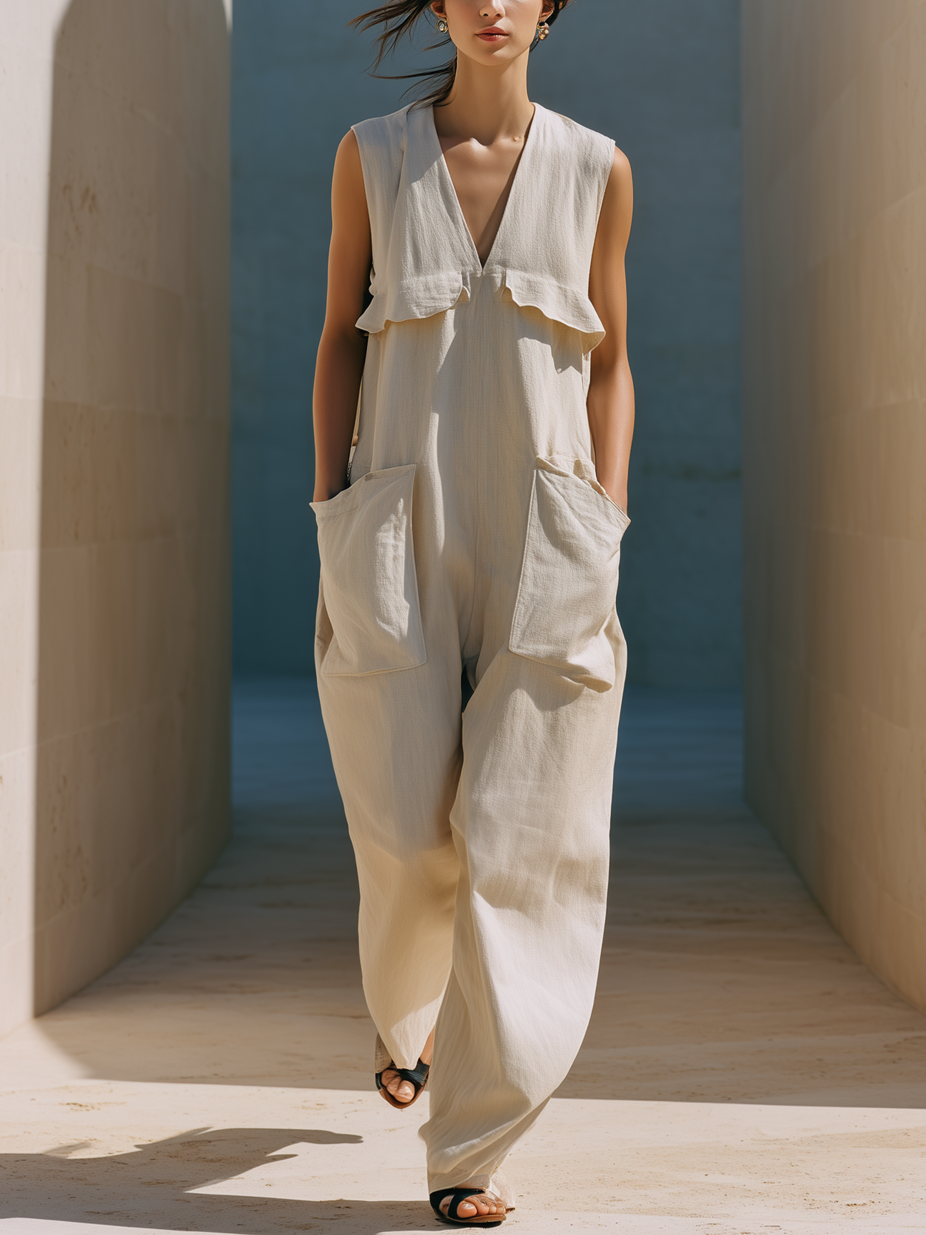 Ruffled Pocket Tencel Denim Jumpsuit