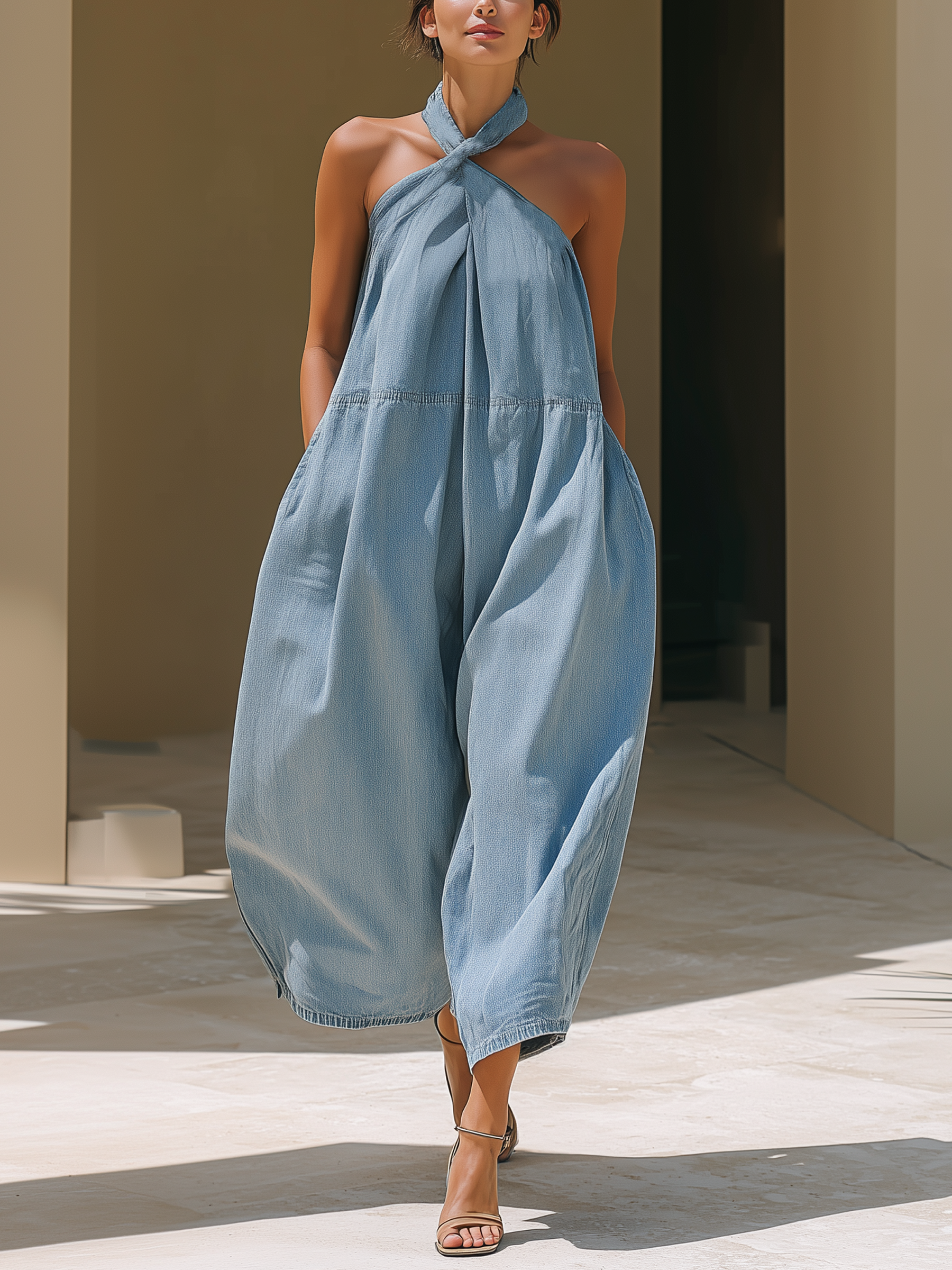 Twisted Halter Neck Oversized Denim Jumpsuit