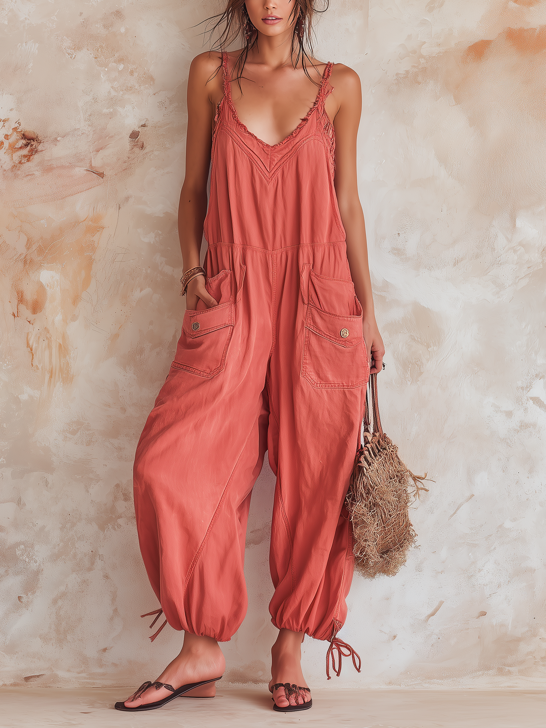 Frayed-Edge Utility Balloon Leg Denim Jumpsuit