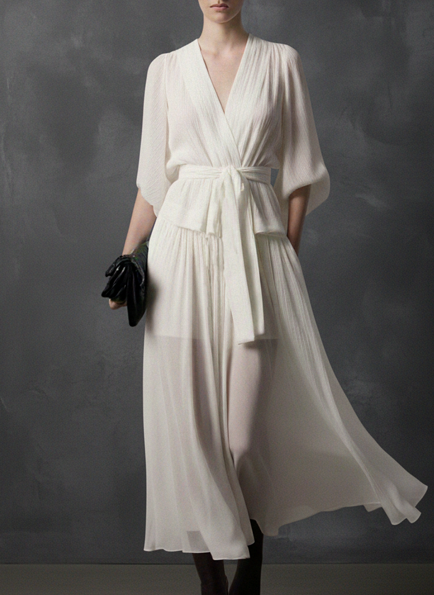 Women's White V-neck Chiffon Maxi Dress MDA3059K4AU