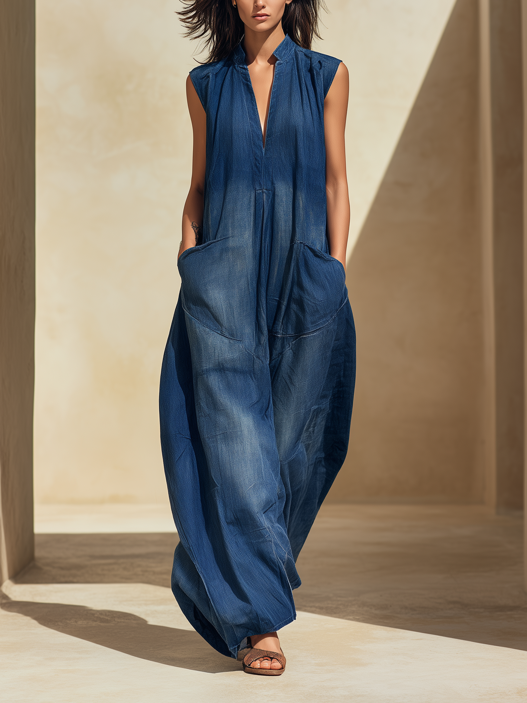 Midnight Blue Sleeveless Denim Maxi Dress