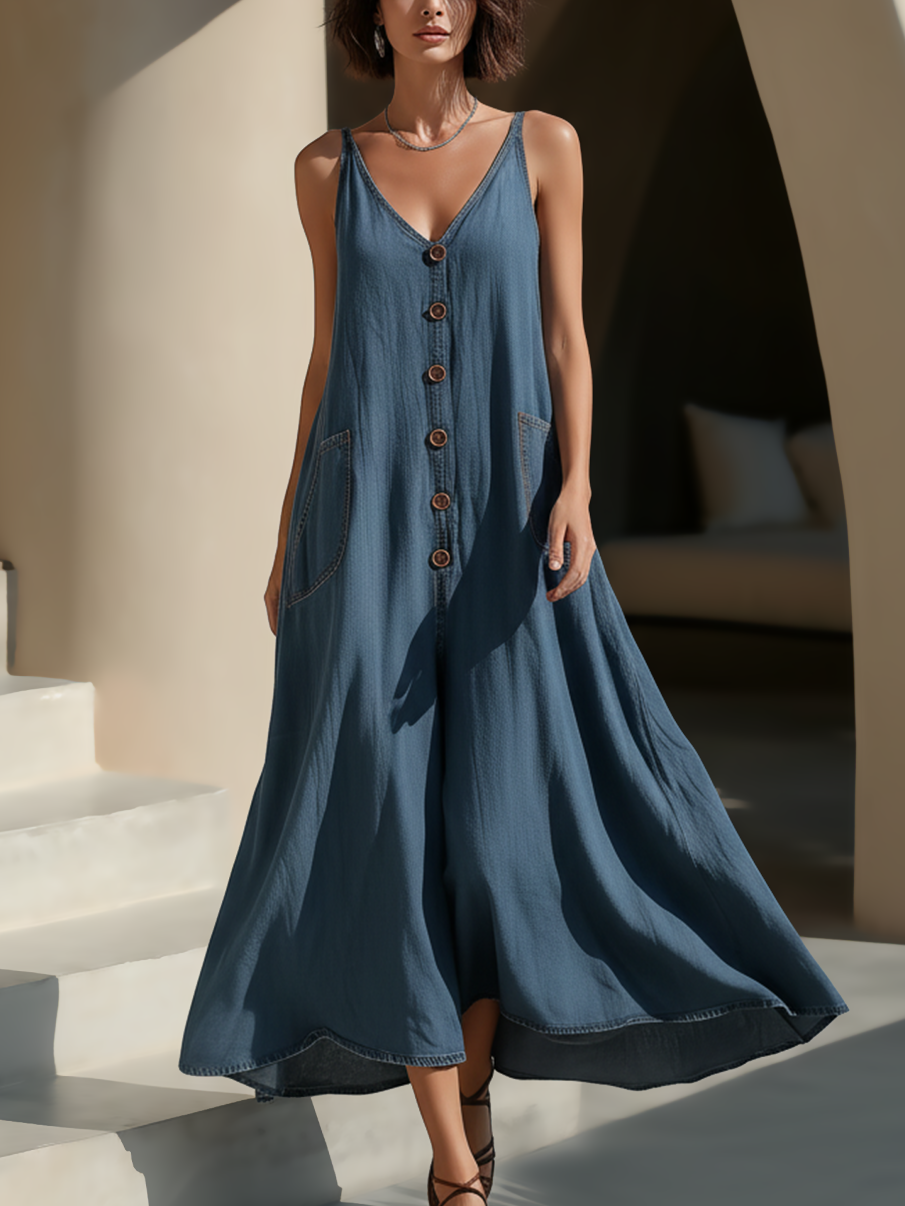 Indigo Blue Sleeveless Button-Front Denim Maxi Dress