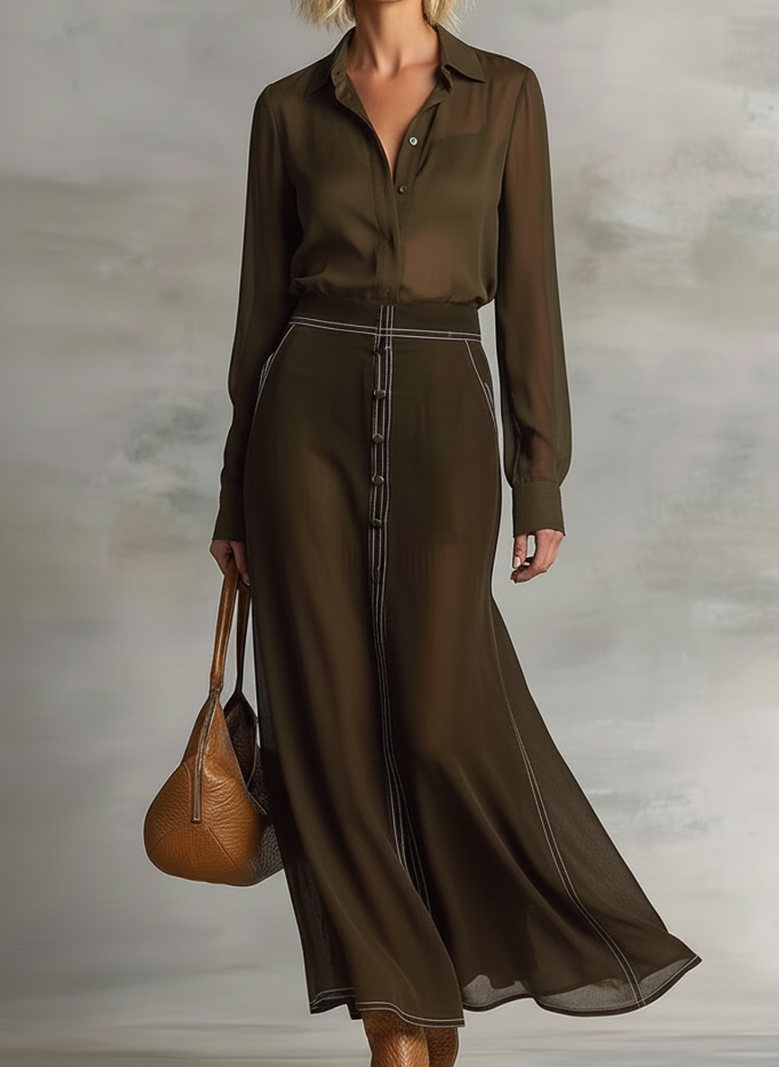 Women's Sheer Long-sleeve Shirt & Maxi Skirt Set MDA0404L9AU