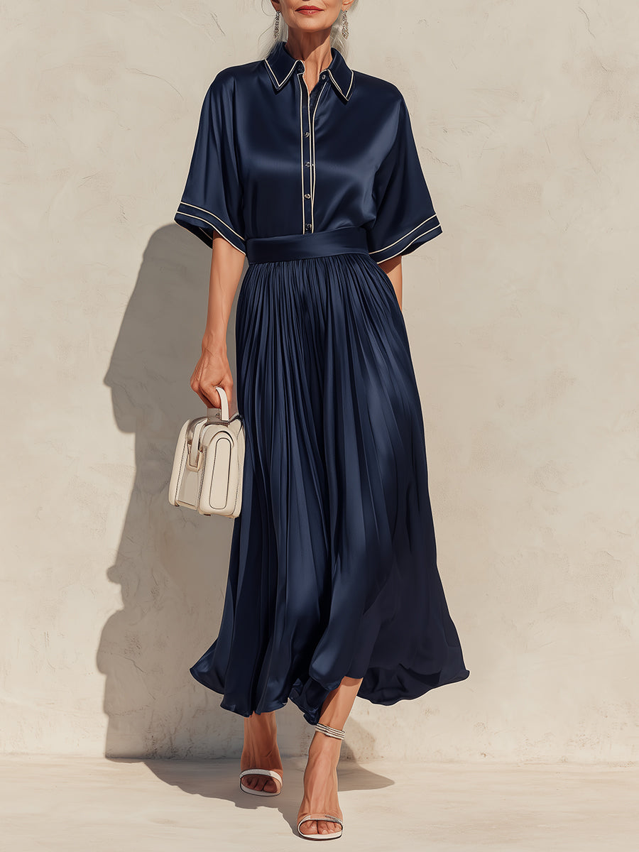 Elegant Color-Blocked Piping Satin Pleated Maxi Dress