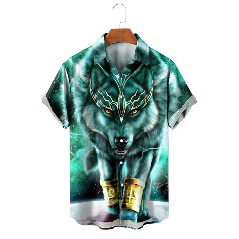Men's Vintage Lapel Wolf Print Short Sleeve Shirt 87871911M