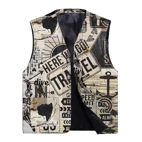 Men's V-Neck Vintage Print Single Breasted Vest 58856048M