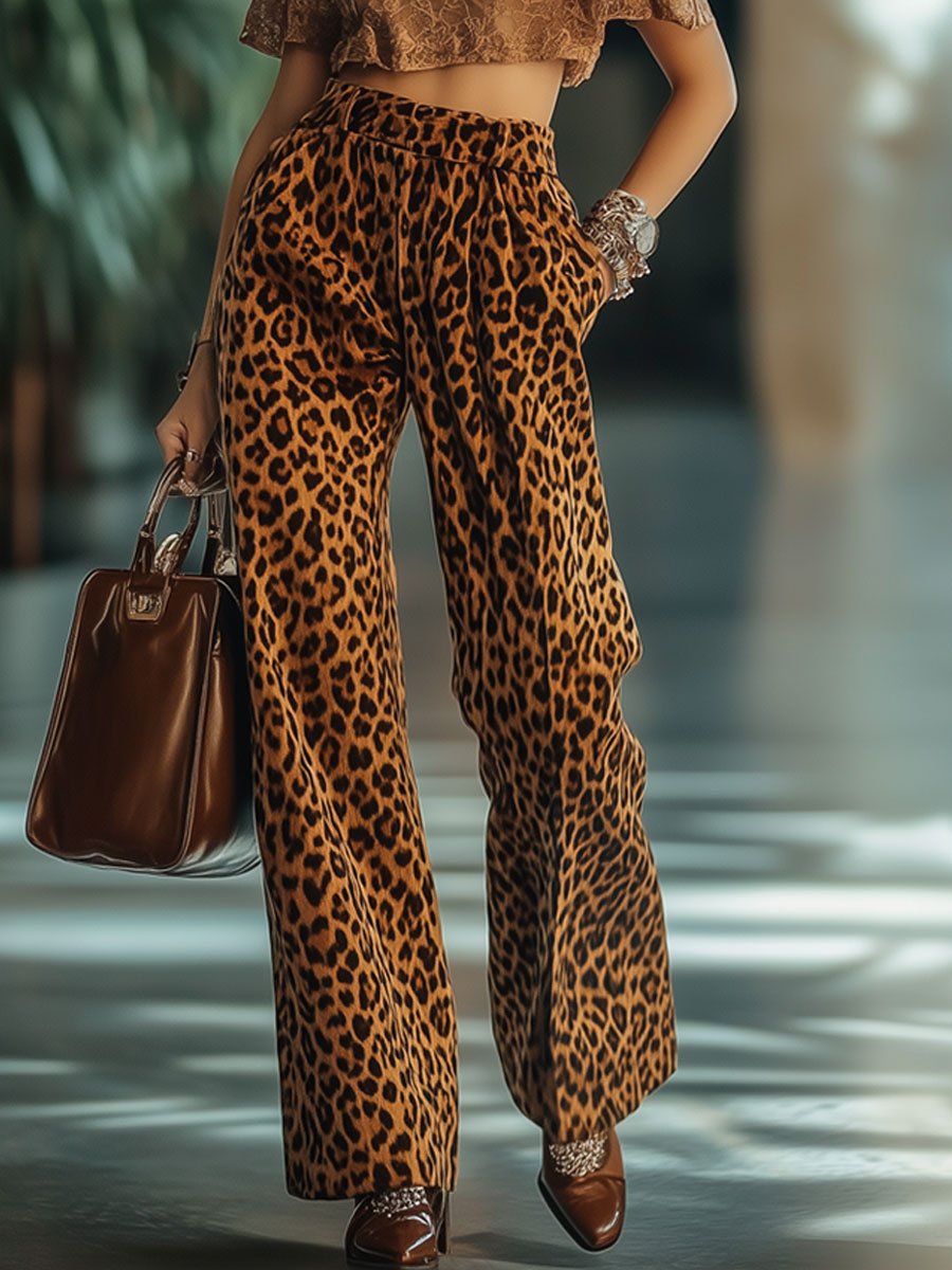 【24-hour shipping out】Casual Loose Vintage Velvet Leopard Print Pocket Elastic Waist Pants
