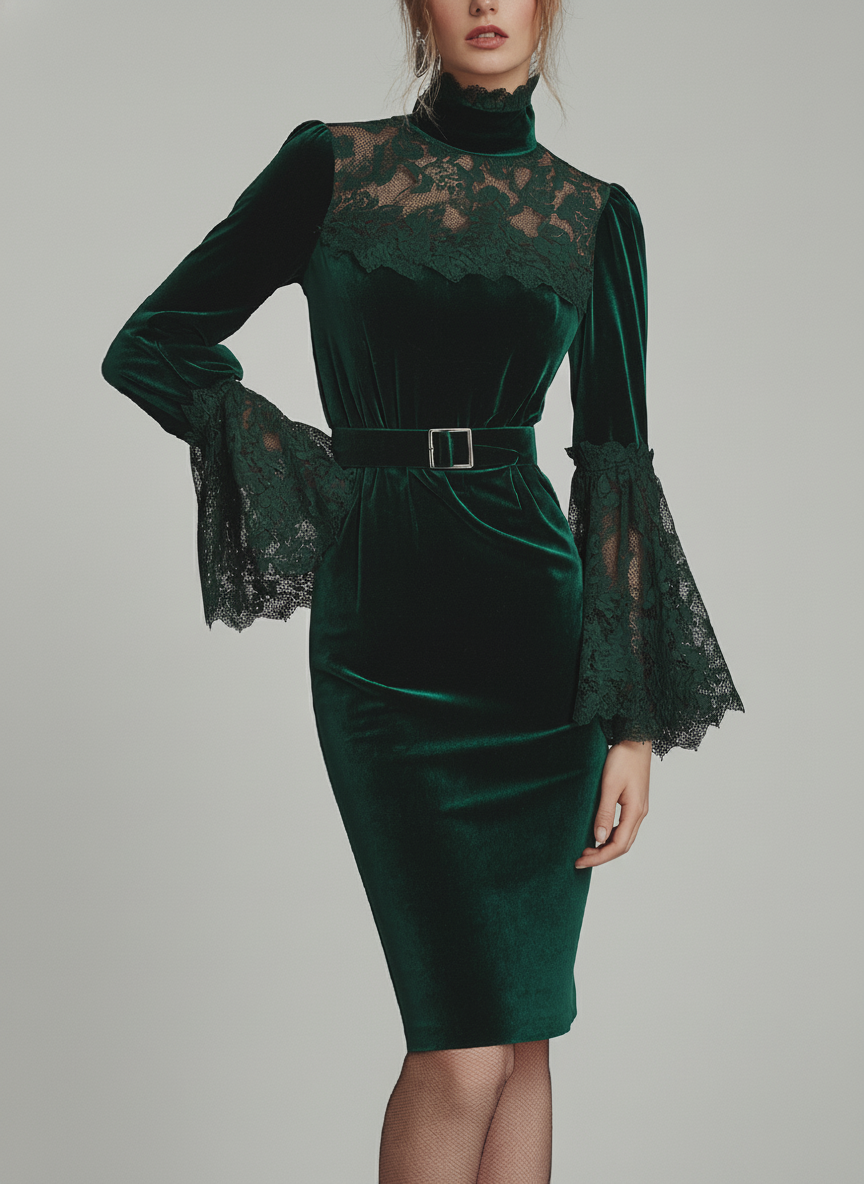 Luxury Emerald Velvet Midi Dress With Sheer Lace Panels, Flared Sleeves & Matching Waist Belt